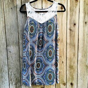 Xhilaration Boho Print & Lace Tunic Sun Dress Sleeveless Midi Dress Medium